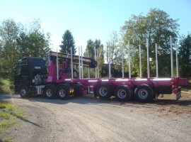 Dreiachs-Teleskopsattelauflieger mit Kran auf Schwanenhals Volvo 6x4 + Krane DIEBOLT D28-87
