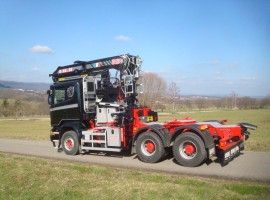 Aufbau fur Zweiachs-Langholznachläufer mit Rohrdeichsellenkung Scania 6x4 + Krane DIEBOLT D28-87 + AR2630