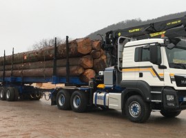 Aufbau fur dreiachs-Langholznachläufer mit Rohrdeichsellenkung MAN 6x4 + Krane Tajfun-Liv 300K87 + dreiachs-Langholznachläufer mit Rohrdeichsellenkung + Abnehmbare Pritsche