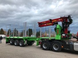 3 axles extendable semi-trailer with crane on goose-neck -- Volvo 6x4 + crane Tajfun-Liv 320K99 + 3 axles extendable semi-trailer