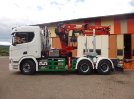 Forestry equipment for 3 axles forestry dolly with drawbar. Scania 6x4 + crane Tajfun-Liv 320K99 + AR5650