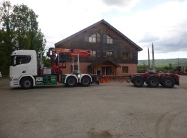 Forestry equipment for 3 axles forestry dolly with drawbar. Scania 6x4 + crane Tajfun-Liv 320K99 + AR5650