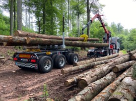 Equipement forestier pour arriere train 3 essieux directionnel Volvo 6x4 + grue Tajfun-Liv 320K99 + AR5670