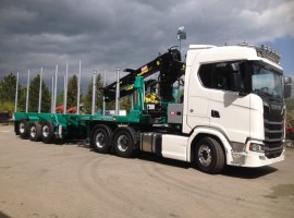 3 axles extendable semi-trailer with crane on goose-neck Scania 6x4 + crane Tajfun-Liv 300K99 + 3 axles extendable semi-trailer