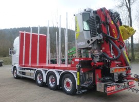 Forestry equipment with 3 axles platform trailer Scania 8x4 + crane Tajfun-Liv L190Z96 cabin + R31700