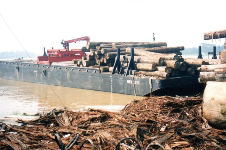 Kran auf Sortierwagen oder Flachboot